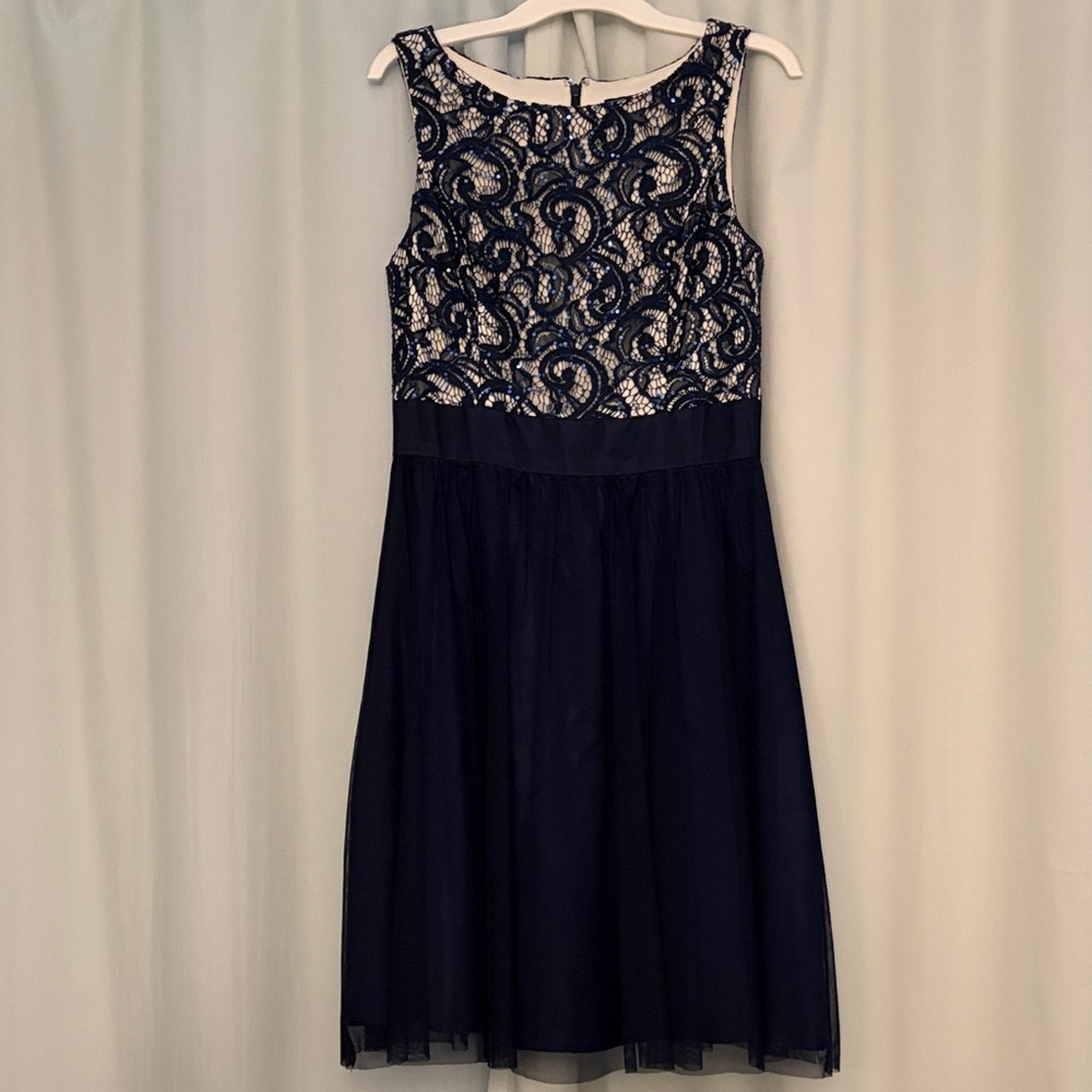 Jessica Howard Navy and Cream Lace A line Formal Wedding Guest Dress, size 10